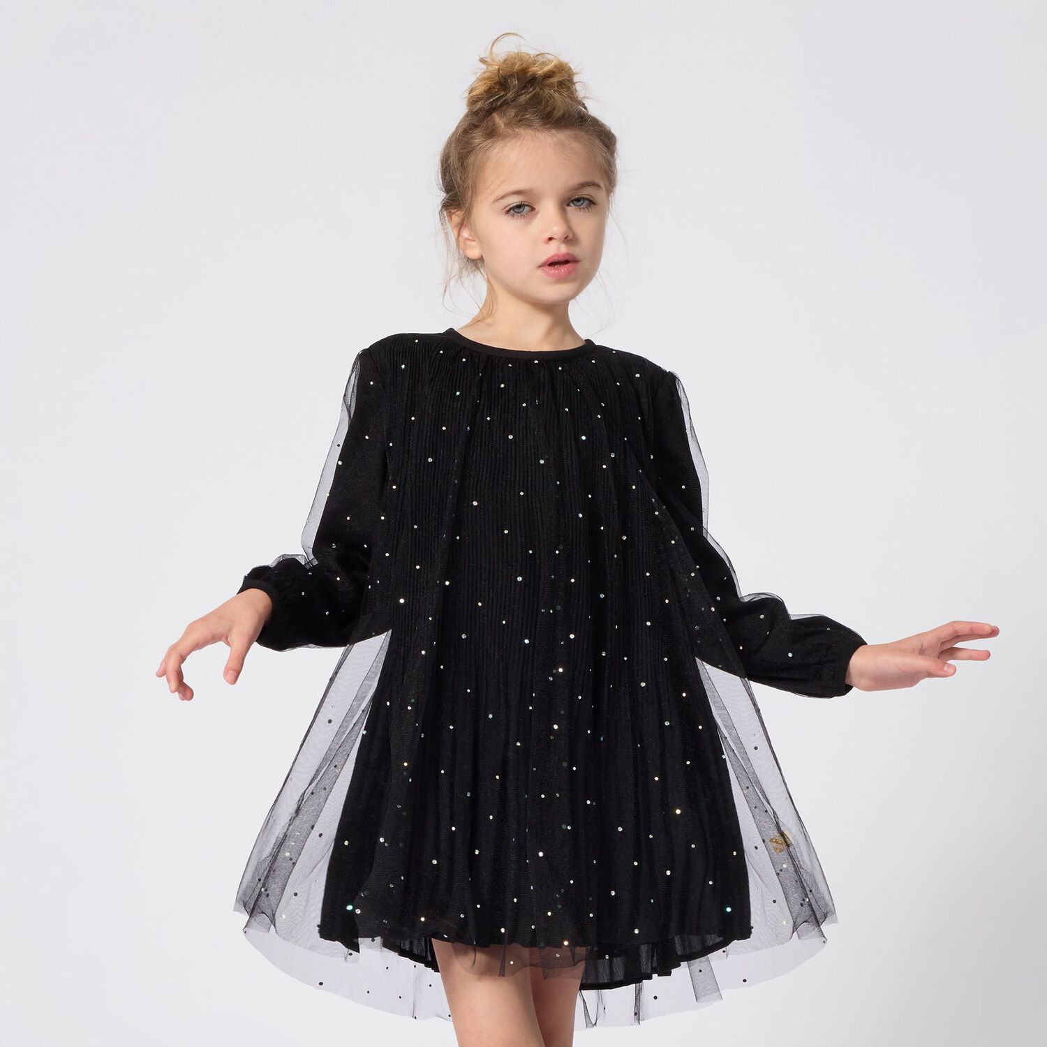 Girls Black Rhinestone Tulle Dress, 1, hi-res