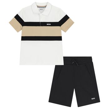 Boys White & Black Logo Shorts Set