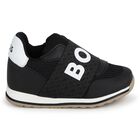 Boys Black Leather Logo Trainers, 1, hi-res