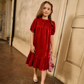 Girls Red Bow Velvet Dress