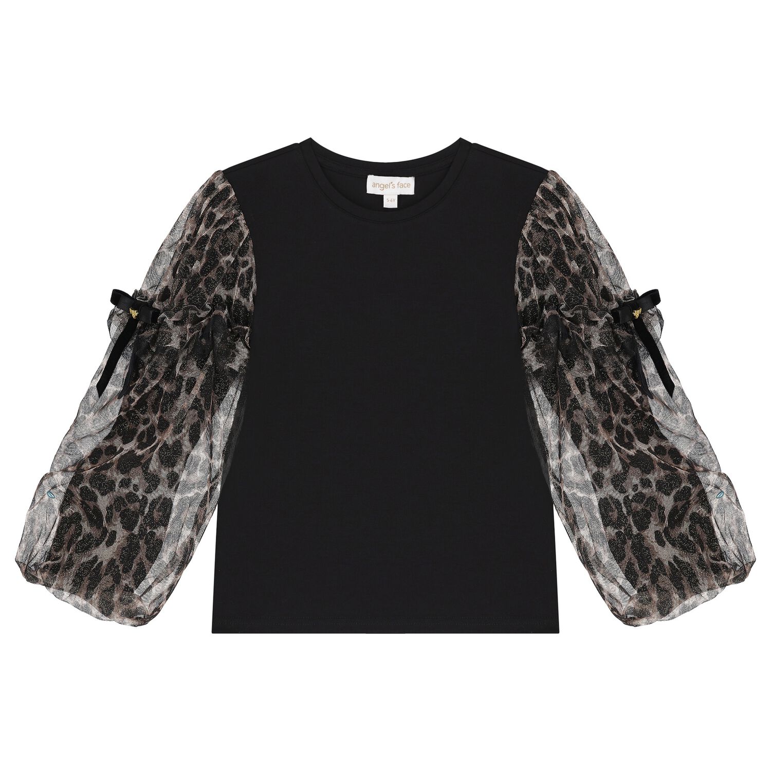 Girls Black Leopard Tulle Long Sleeve Top, 1, hi-res