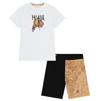 Boys White & Beige Geo Map Shorts Set