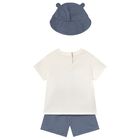 Younger Boys White & Blue Cotton Car Shorts Set, 2, hi-res