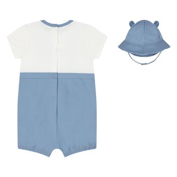 Baby Boys Blue & White Bear Romper & Hat Set