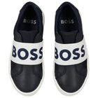 Boys Navy Blue Leather Trainers, 1, hi-res
