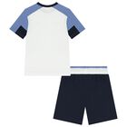 Boys White & Navy Blue Logo Shorts Set, 1, hi-res