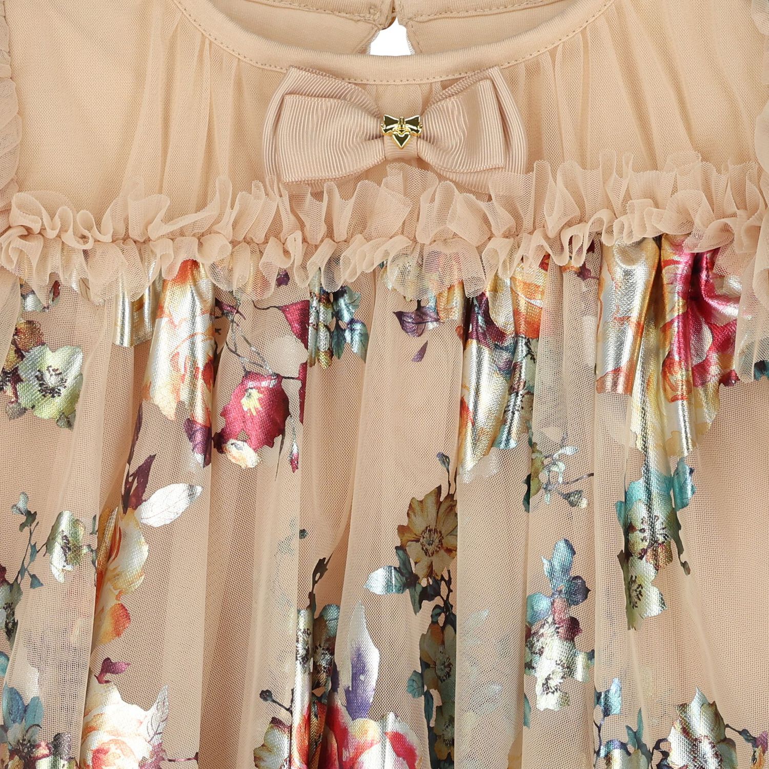 Baby Girls Beige Tulle Flowers Dress, 2, hi-res