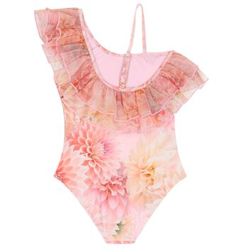 Girls Orange Floral Ruffle Swimsuit (UPF50+)
