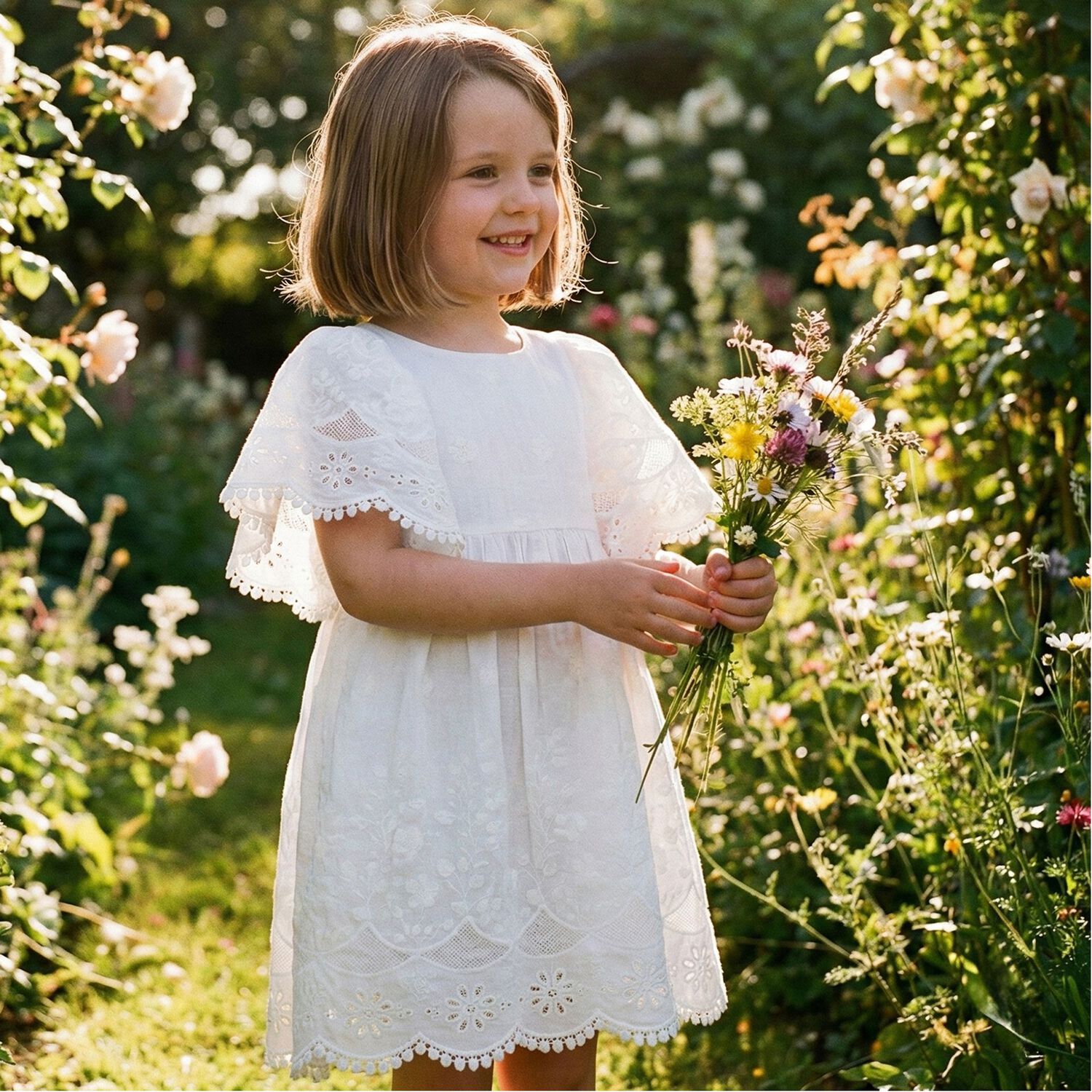 Girls White Floral Lace Dress, 1, hi-res