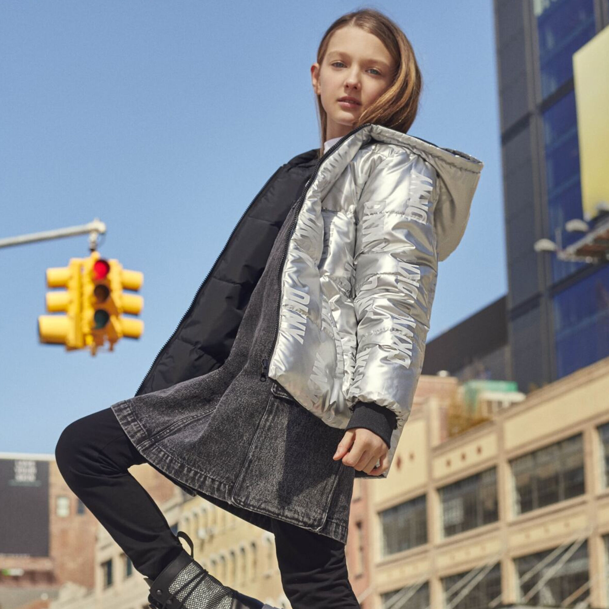Dkny silver puffer jacket top