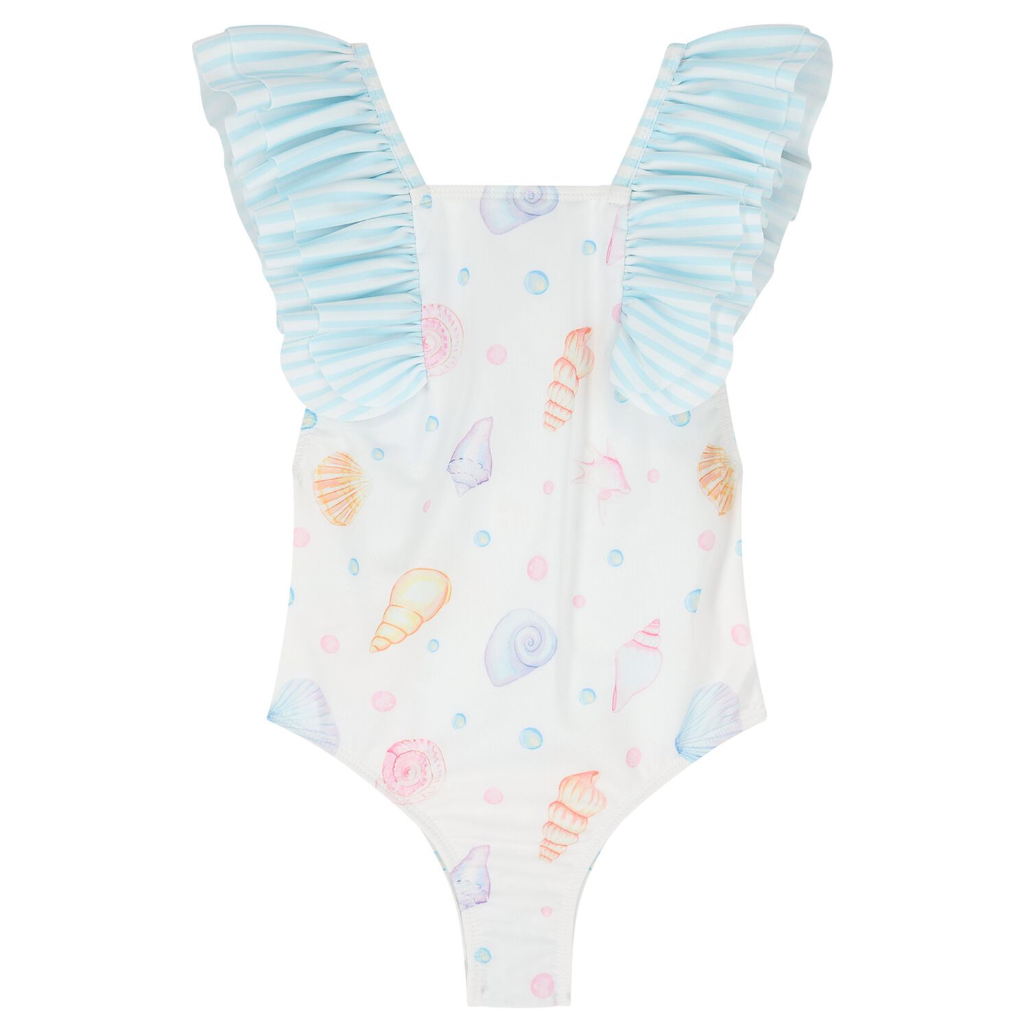 Girls White & Blue Seashells Swimsuit, 4, hi-res