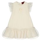 Younger Girls Beige & Gold Ruffled Dress, 1, hi-res