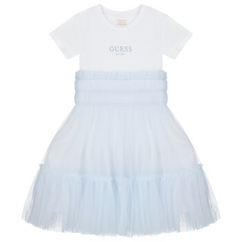 Girls White & Blue Logo Tulle Dress