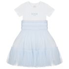 Girls White & Blue Logo Tulle Dress, 1, hi-res