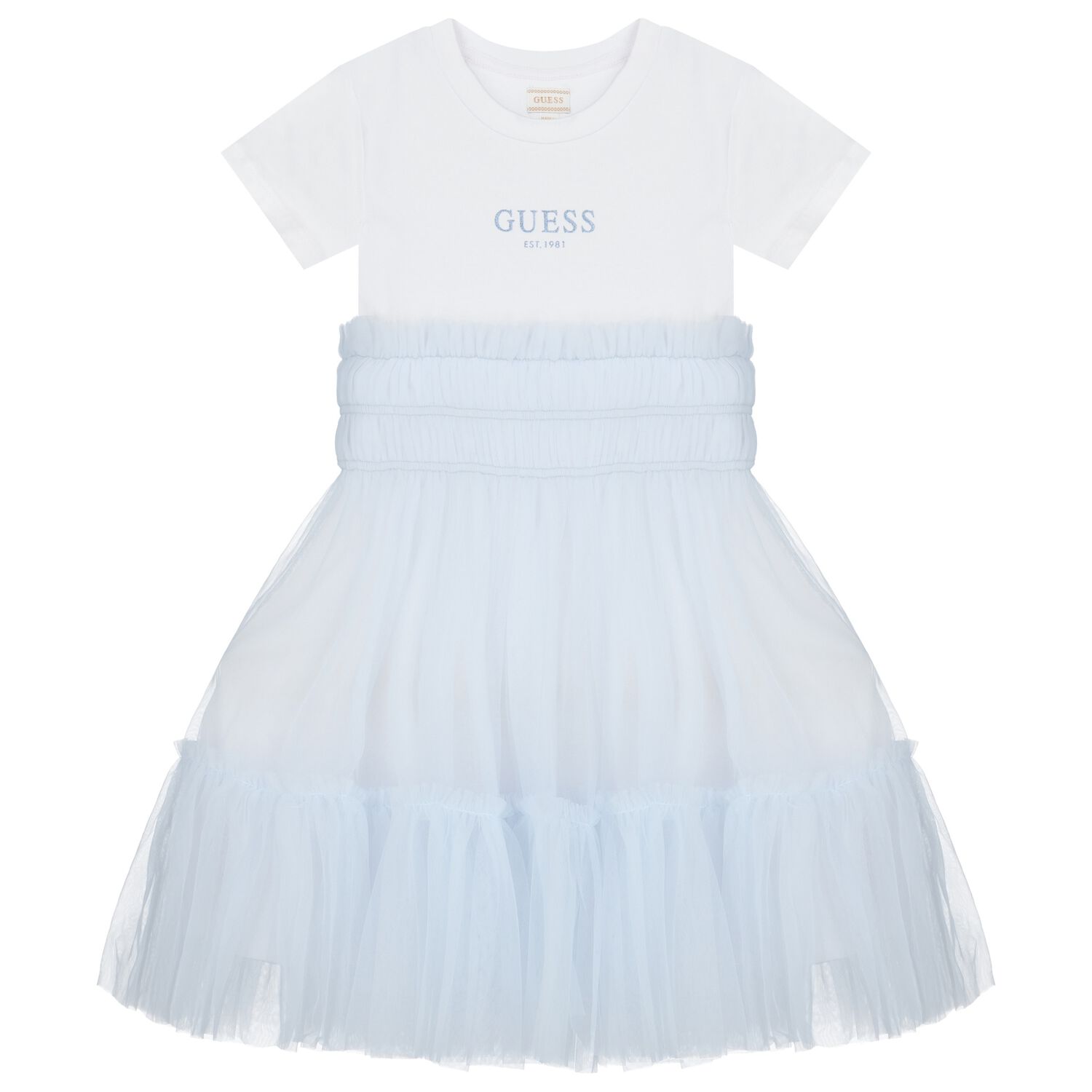Girls White & Blue Logo Tulle Dress, 1, hi-res image number null
