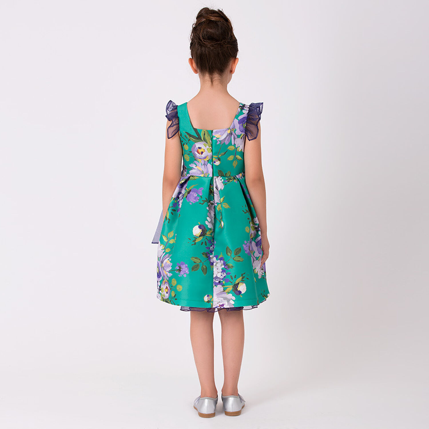 Girls Green & Purple Floral Satin Dress, 1, hi-res