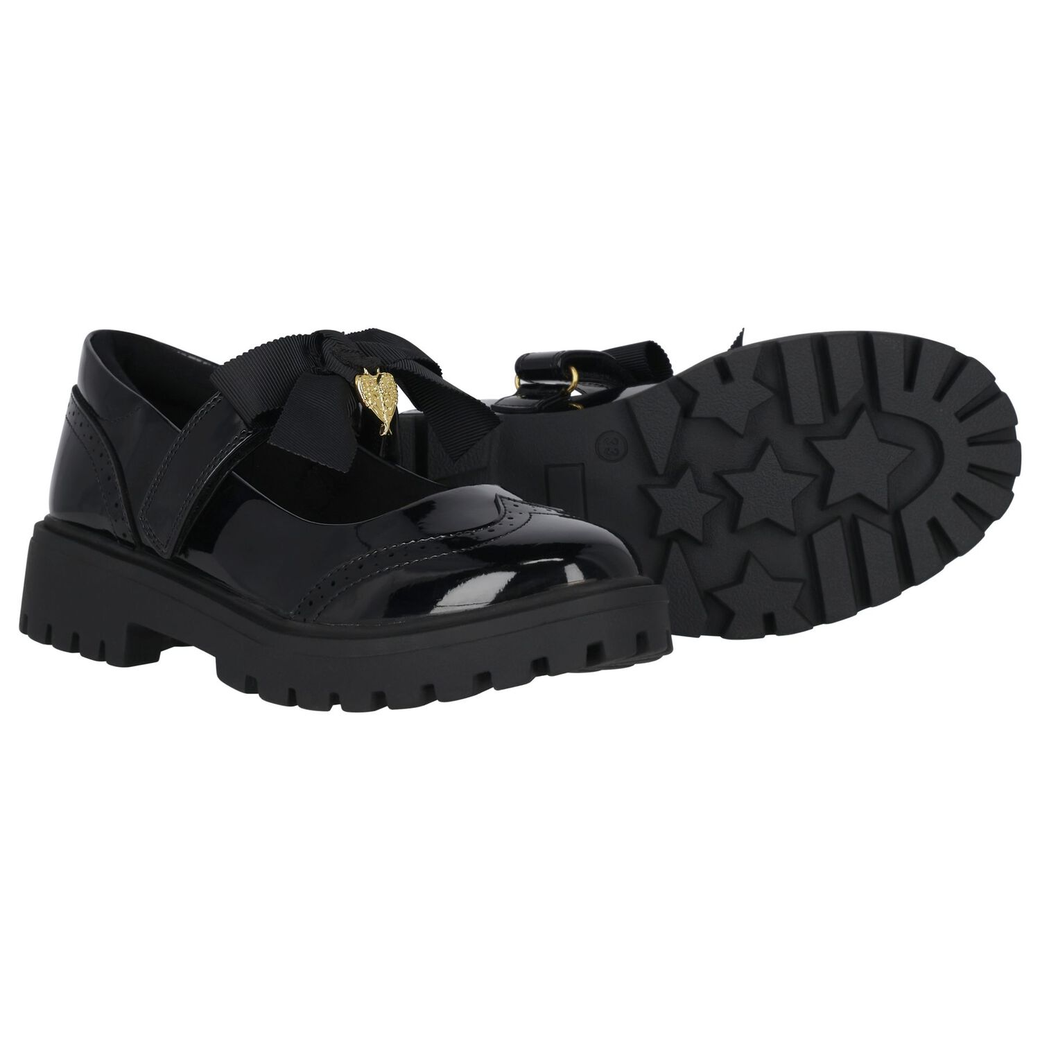 Girls Black Logo Patent Leather Shoes, 1, hi-res