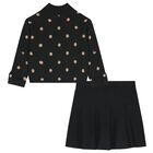 Girls Black & Beige Polka Dot Skirt Set, 1, hi-res