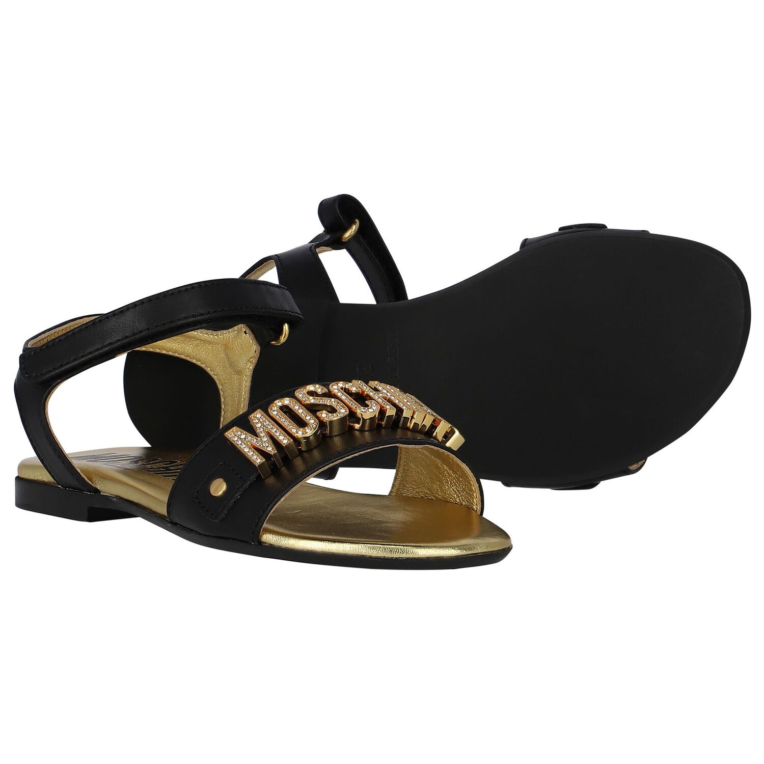 Girls Black & Gold Leather Logo Sandals, 1, hi-res image number null