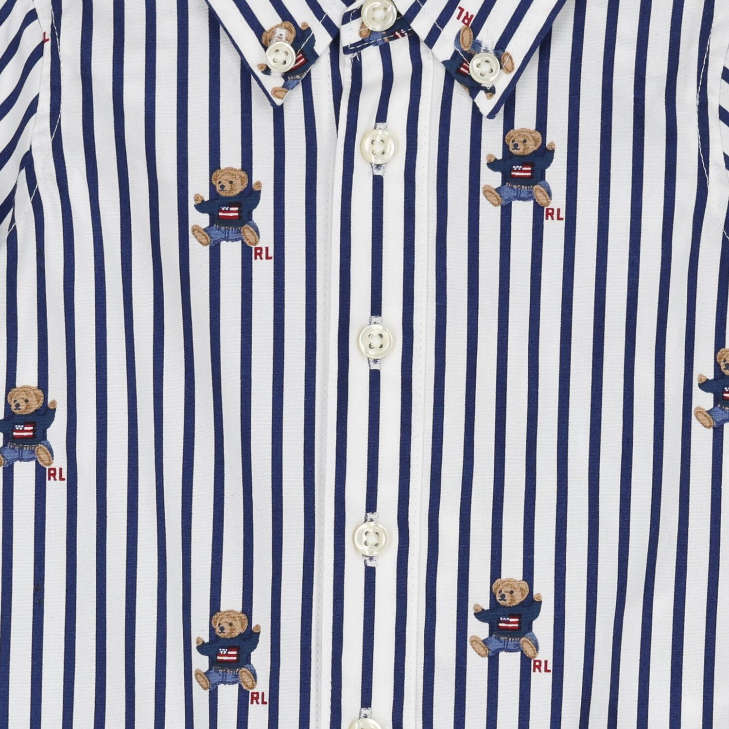 Baby Boys White & Blue Polo Bear Striped Romper, 1, hi-res