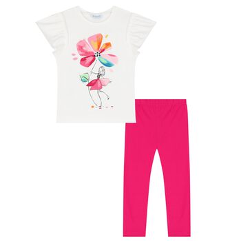 Girls White & Pink Flower Leggings Set