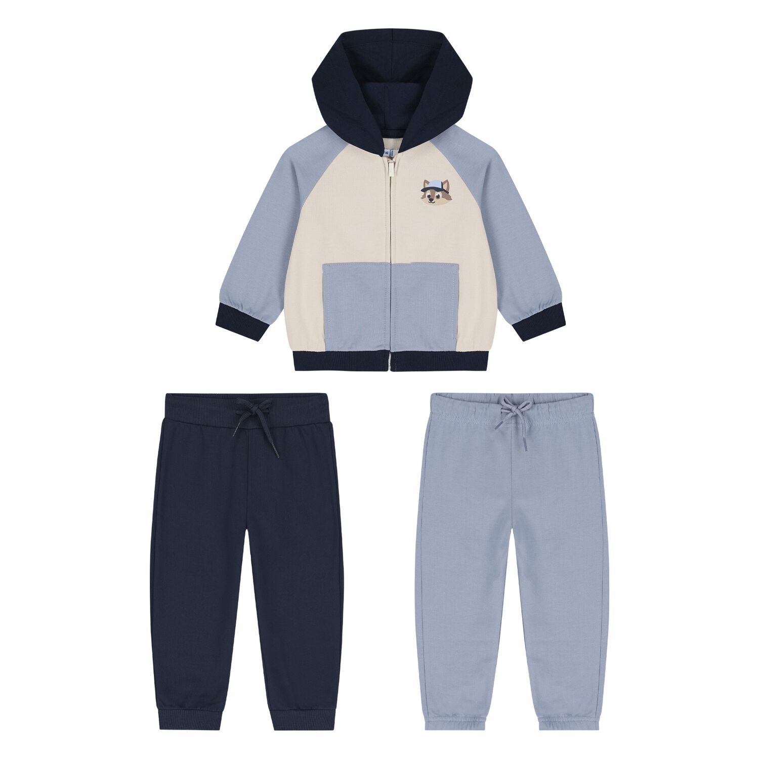 Younger Boys Blue, Beige & Navy Blue Fox Tracksuit Set, 1, hi-res