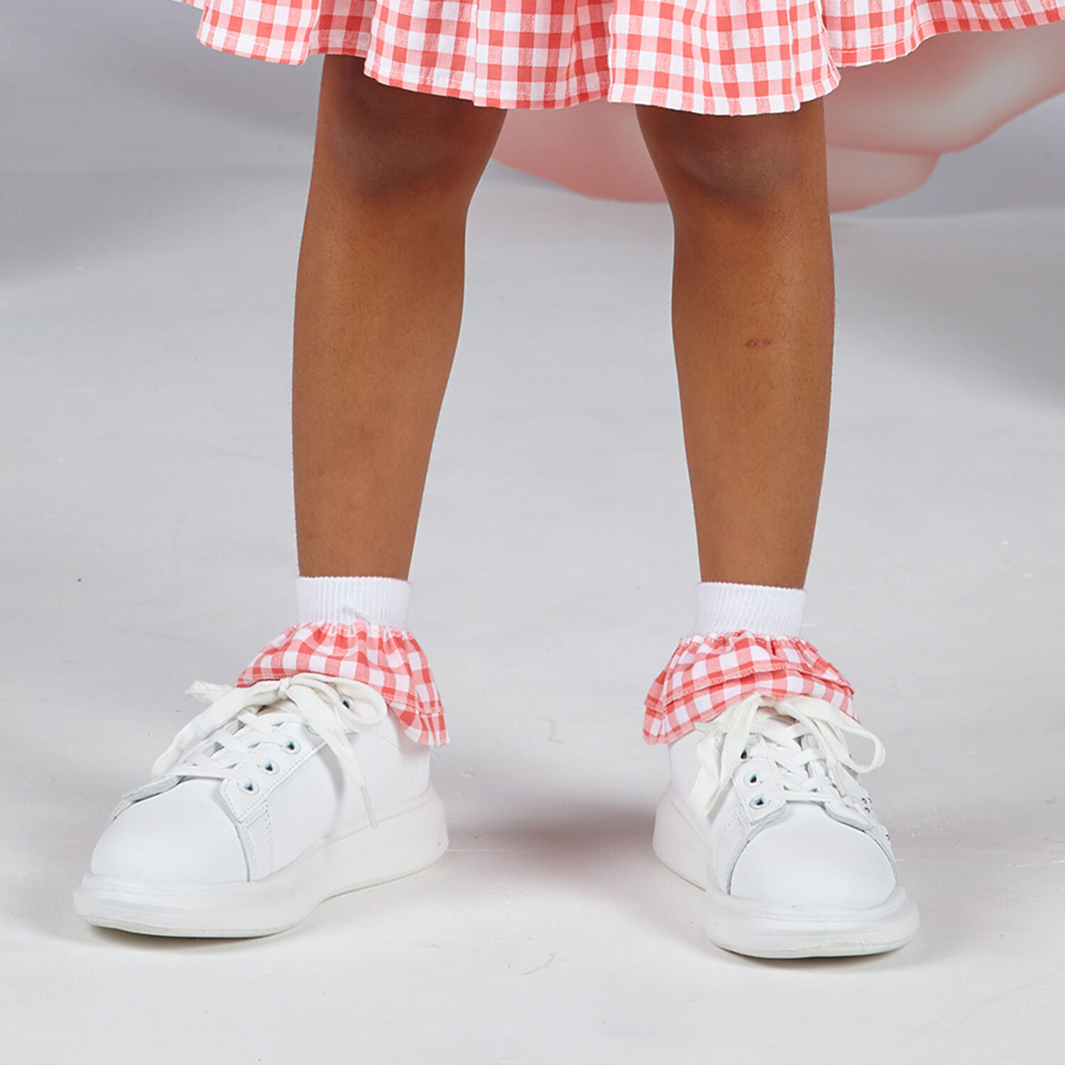 Girls White & Coral Gingham Socks, 1, hi-res