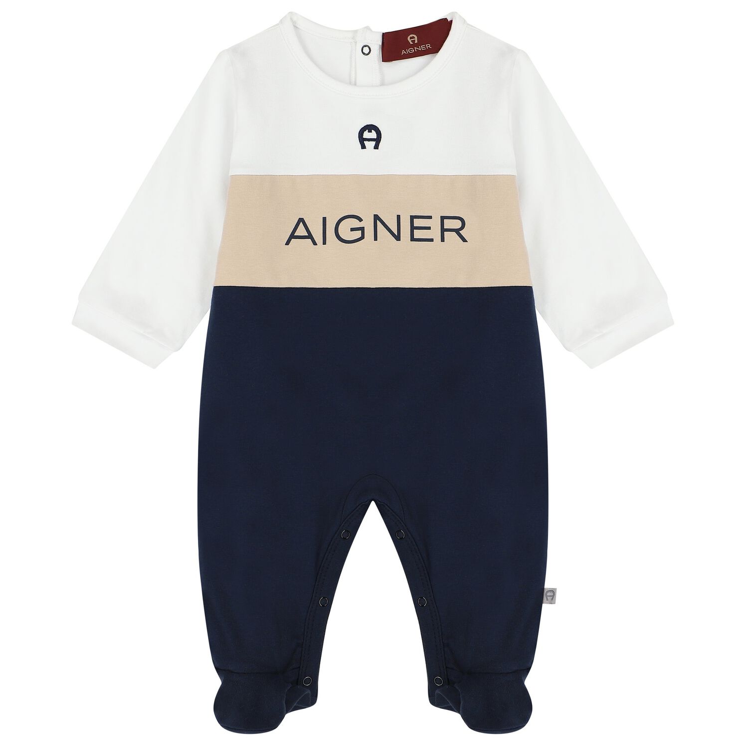 Baby Boys White, Beige & Navy Blue Logo Babygrow, 1, hi-res