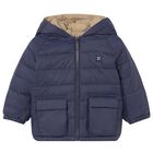 Younger Boys Navy Blue & Beige Reversible Puffer Jacket, 1, hi-res