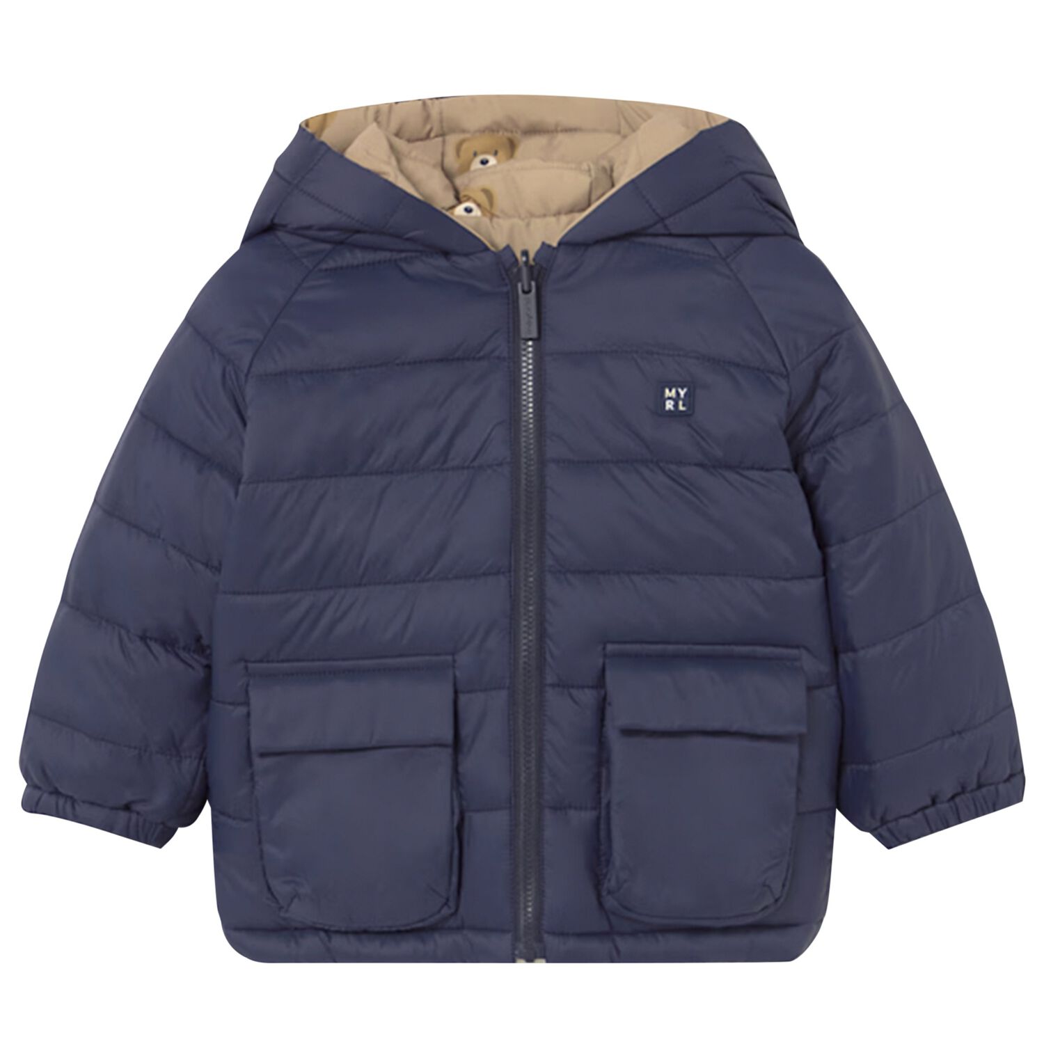 Younger Boys Navy Blue & Beige Reversible Puffer Jacket, 1, hi-res