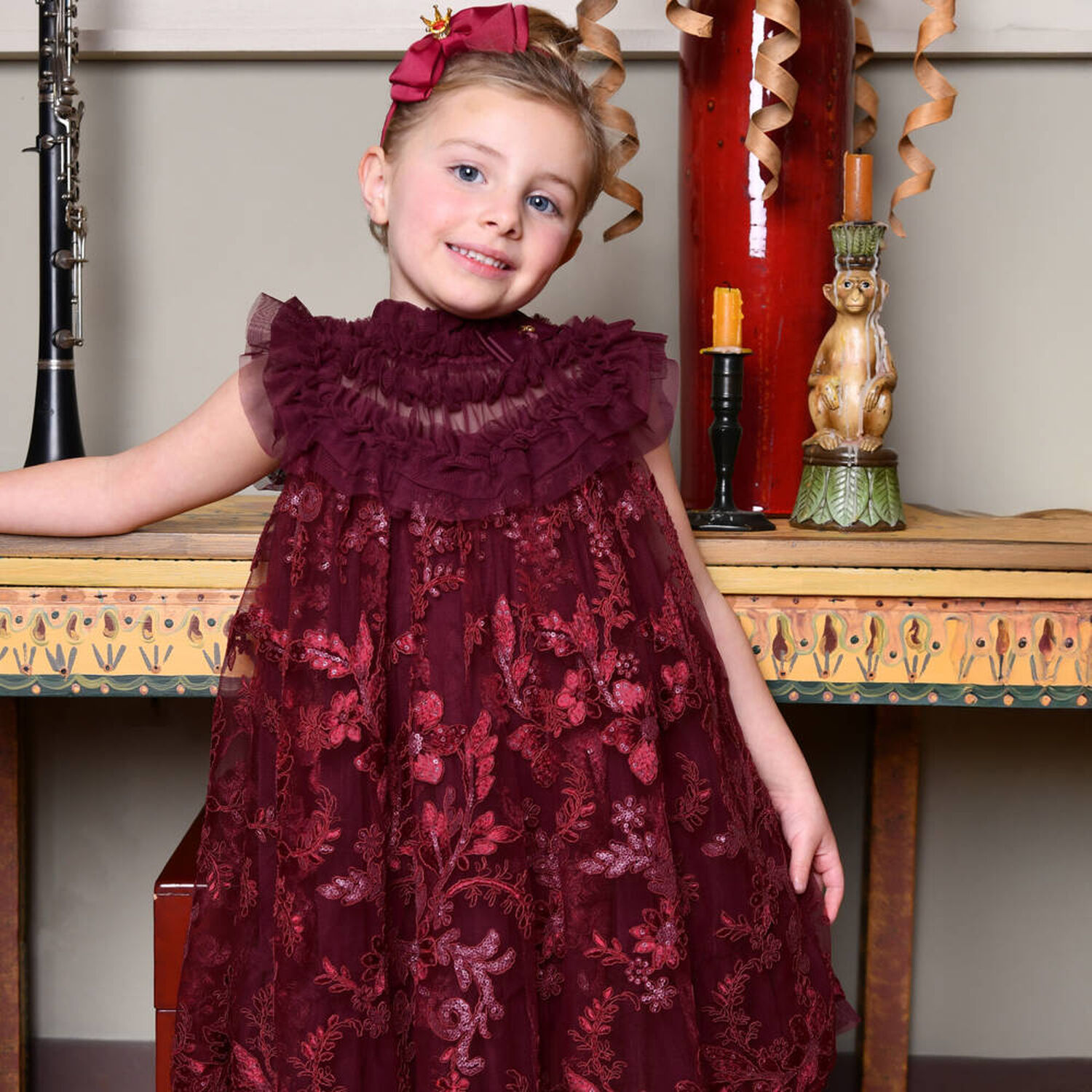 Girls Burgundy Embellished Tulle Dress, 2, hi-res