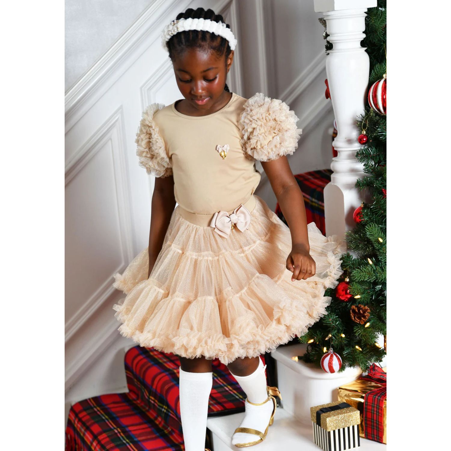 Girls Beige Tulle Sleeve T-Shirt, 2, hi-res image number null