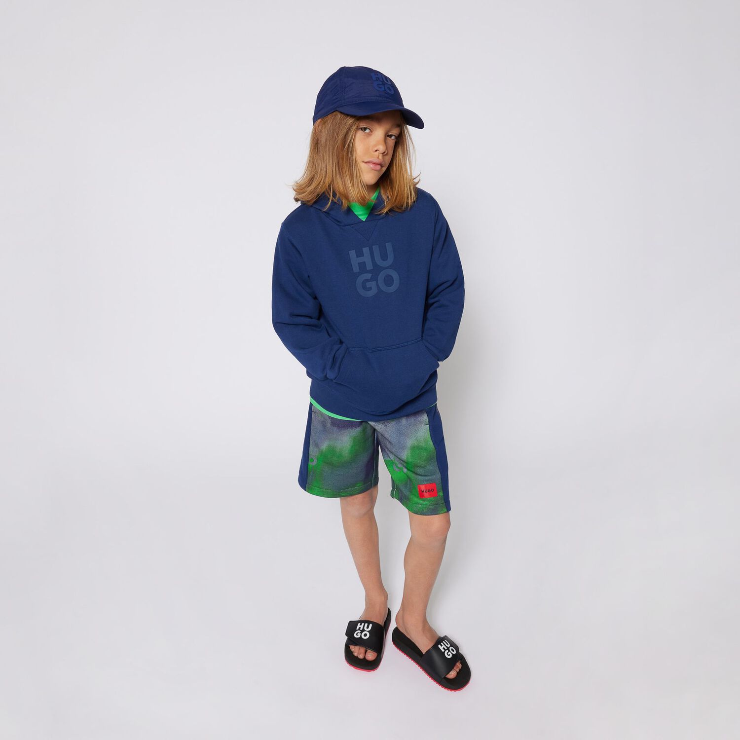 Boys Navy & Green Logo Shorts, 1, hi-res image number null