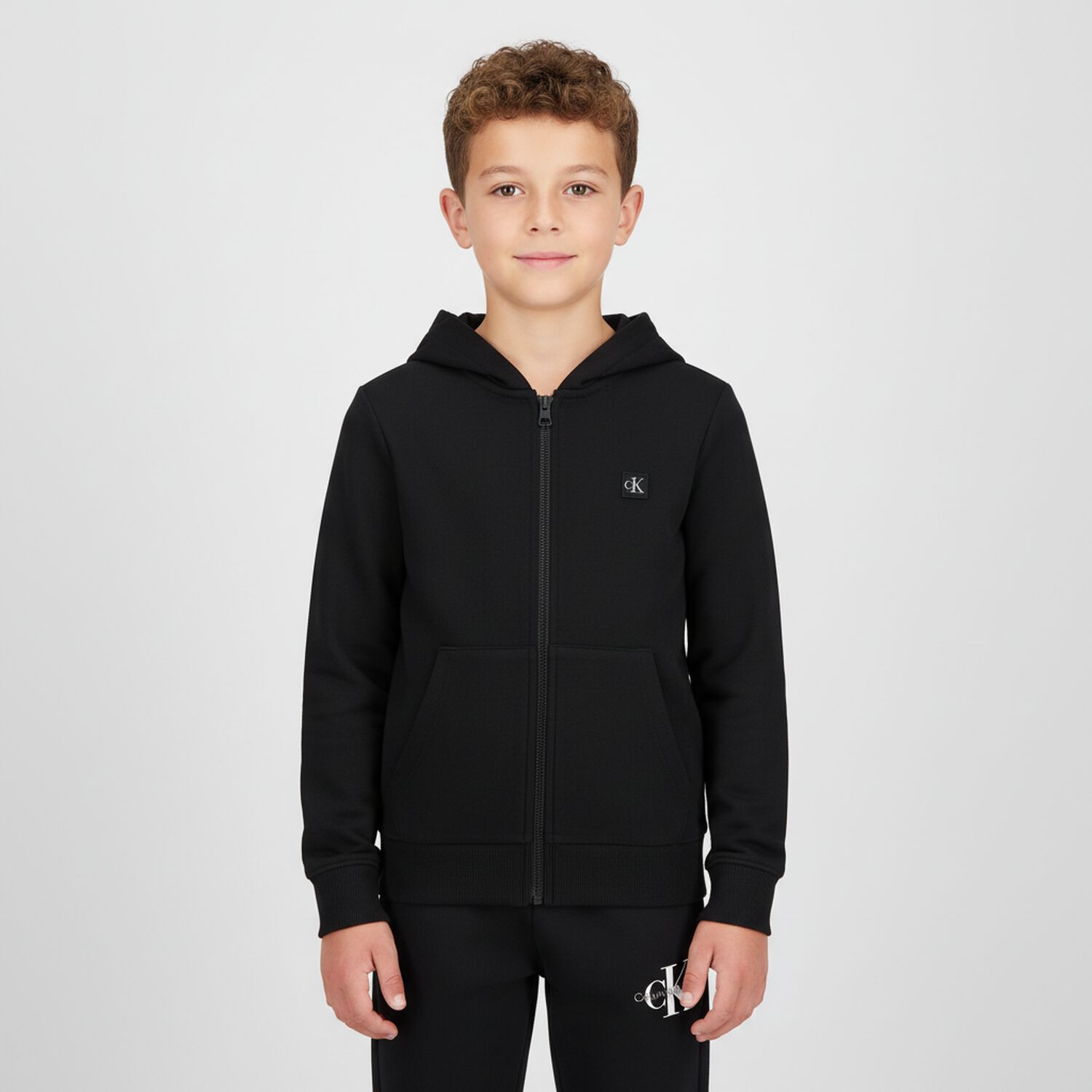 Black Logo Hooded Zip Up Top, 1, hi-res