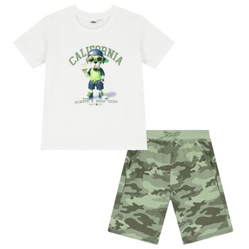 Boys White & Green Dog Shorts Set