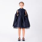 Girls Navy Blue Crystal Cape Sleeve Dress, 1, hi-res