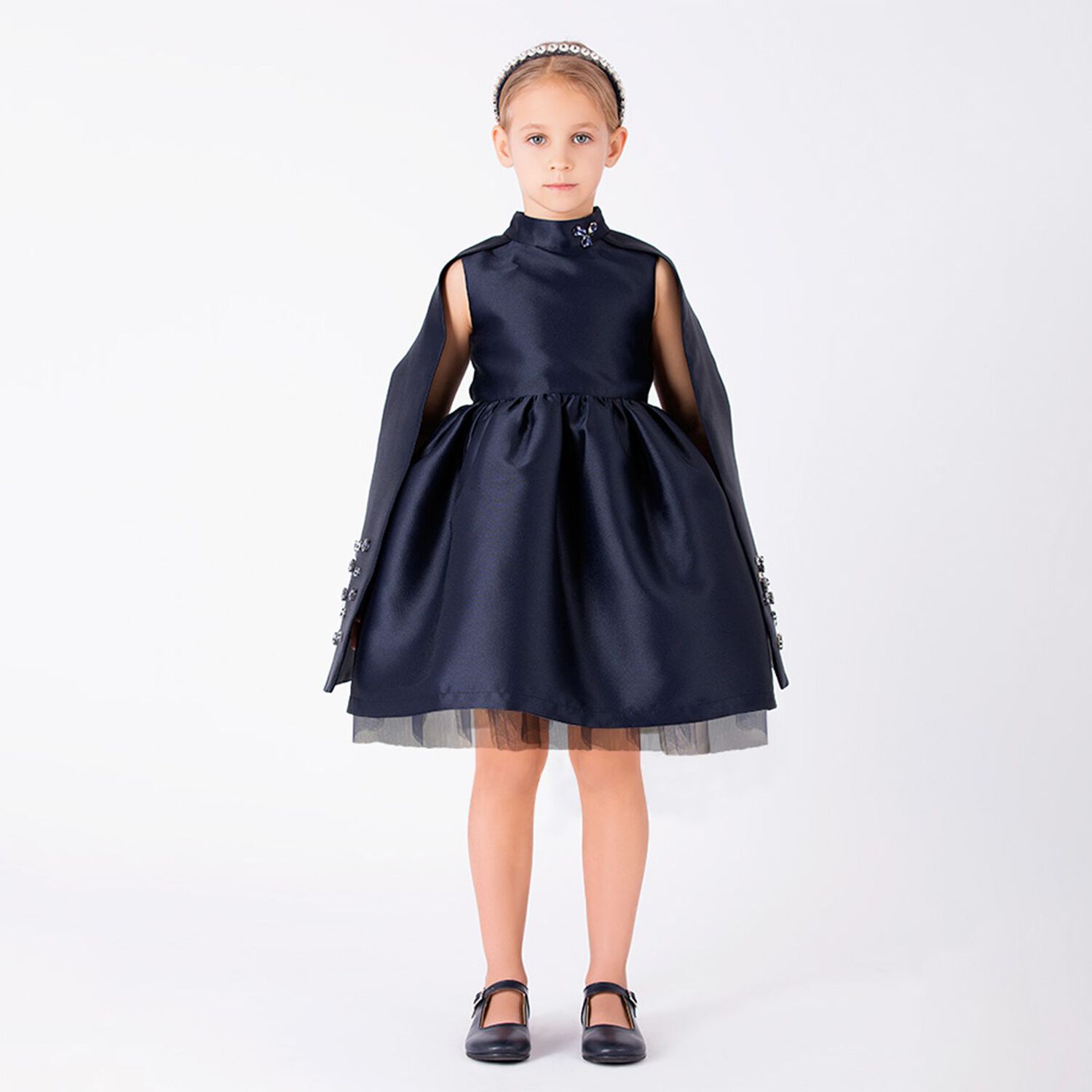 Girls Navy Blue Crystal Cape Sleeve Dress, 1, hi-res