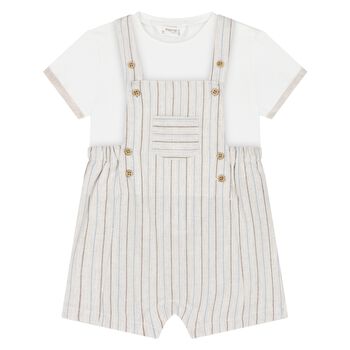 Baby Boys Beige & White Dungaree Set