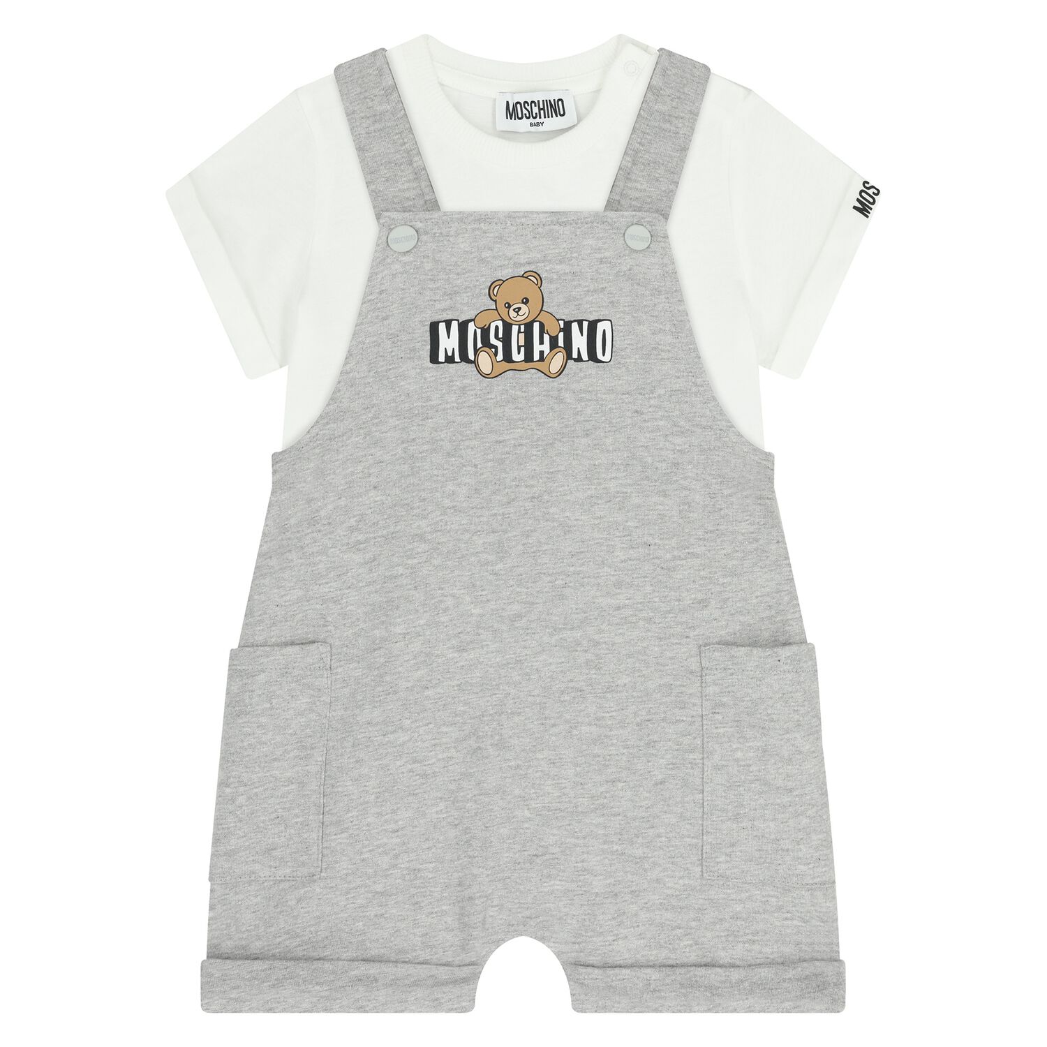 Younger Grey & White Teddy Bear Logo Dungaree Set, 2, hi-res