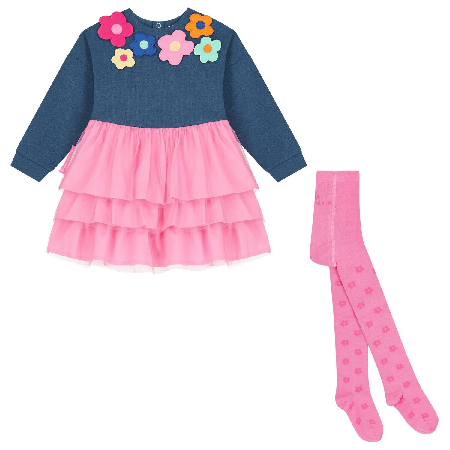 Girls Blue & Pink Flower Dress Set, 1, hi-res