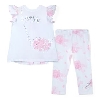 Girls White & Pink Floral Bag Print Leggings Set