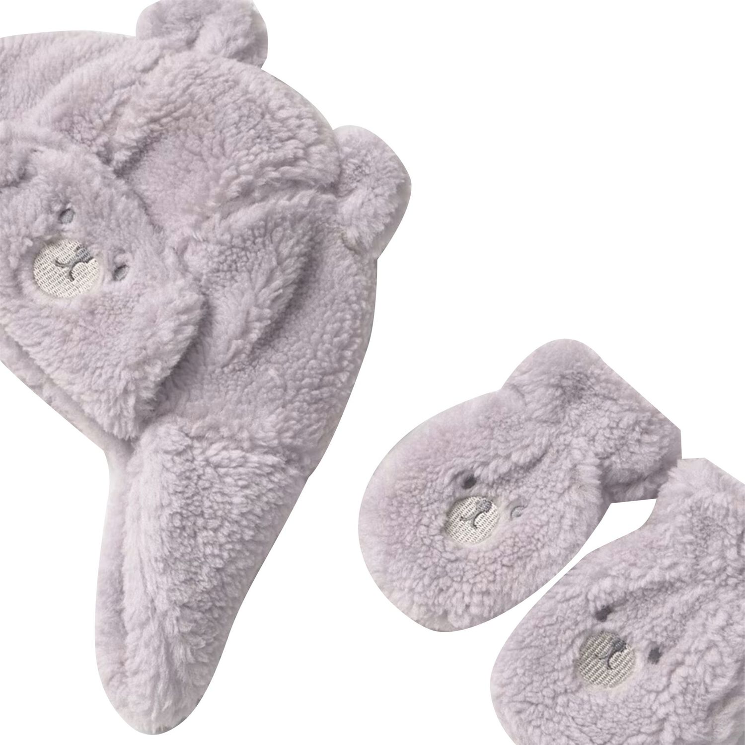 Grey Faux Fur Bear Hat & Mittens Set, 2, hi-res
