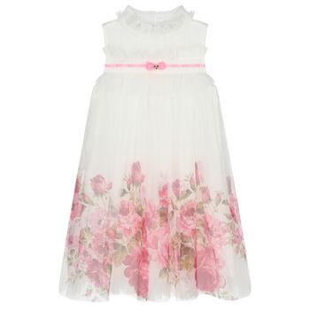 Girls White & Pink Floral Tulle Dress