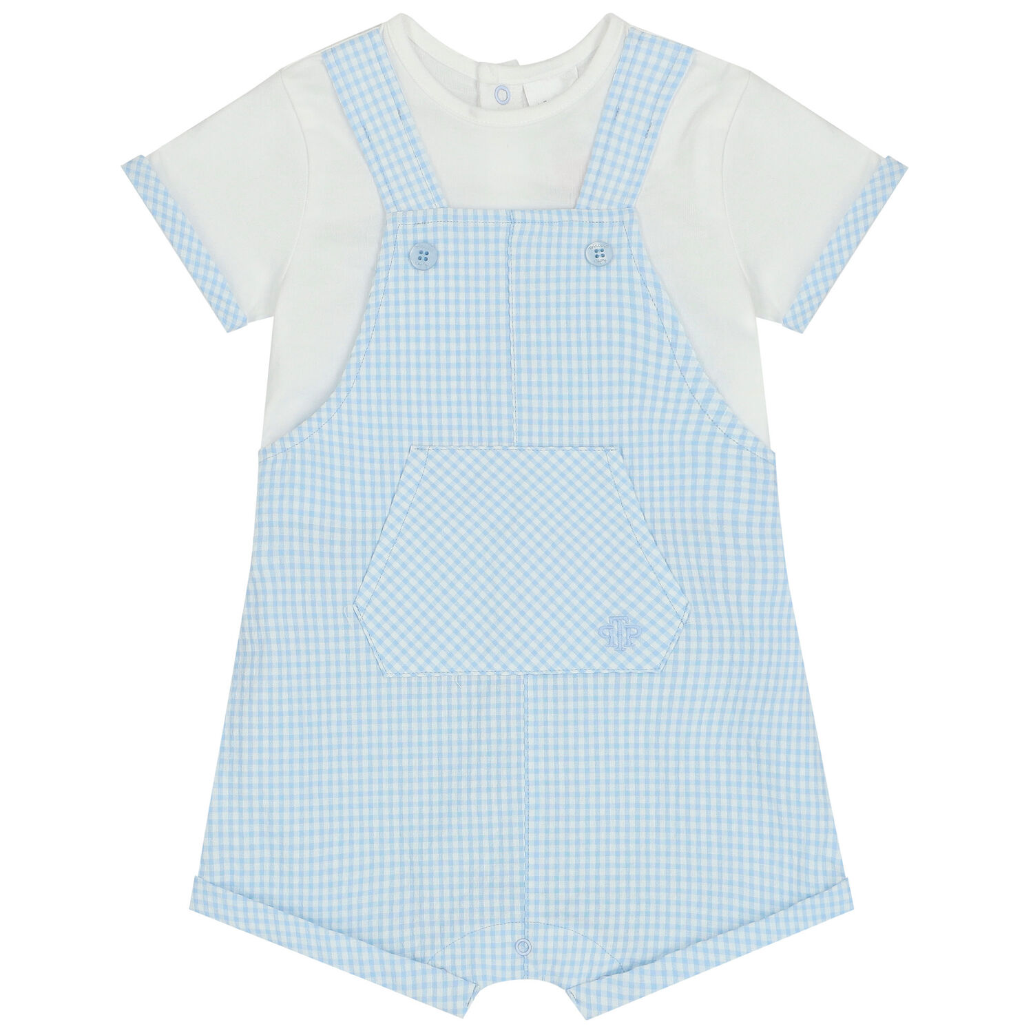 Baby Boys Blue & White Gingham Dungaree Romper, 1, hi-res