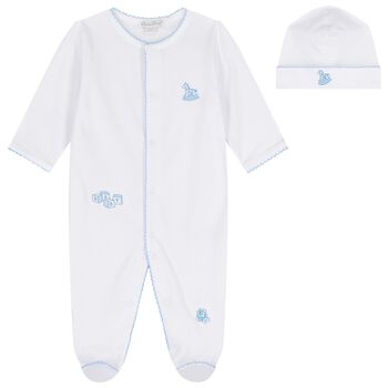 Kissy Kissy Baby Boys White & Blue Vintage Toy Treasures Babygrow Set, 1 Baby Boys White & Blue Vintage Toy Treasures Babygrow Set
