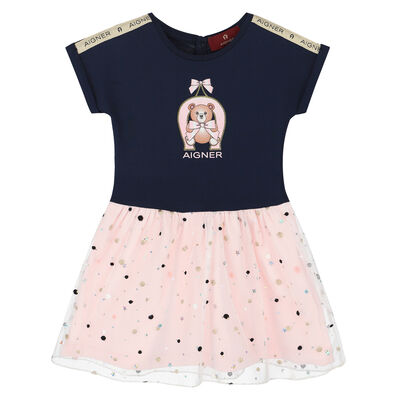 Younger Girls Navy & Pink Logo Tulle Dress