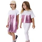 Girls White & Pink Metallic Logo Dress, 1, hi-res