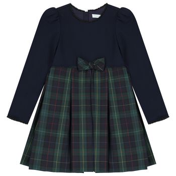 Girls Navy Blue & Green Tartan Bow Dress