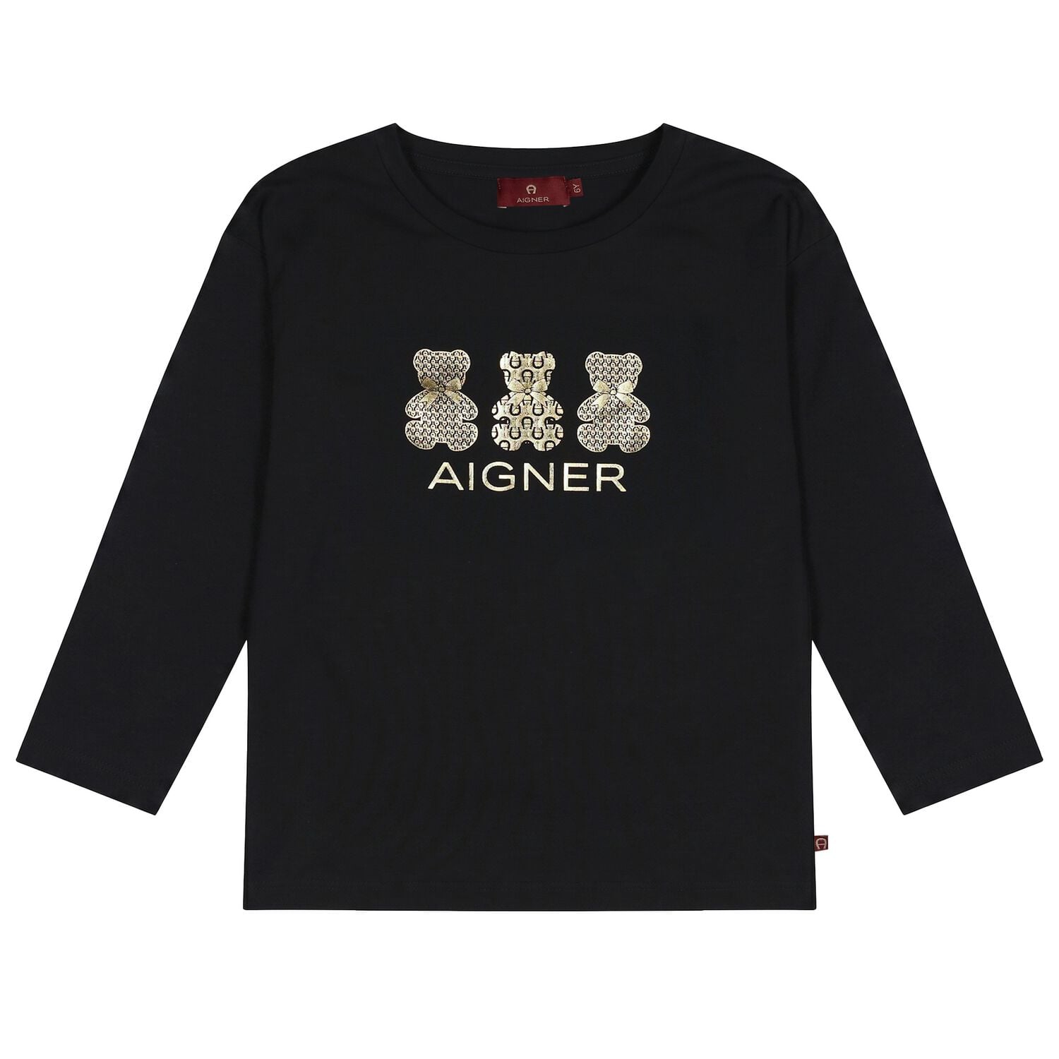 Girls Black & Gold Teddy Bear Logo Long Sleeve Top, 2, hi-res