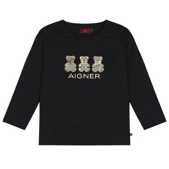 Girls Black & Gold Teddy Bear Logo Long Sleeve Top